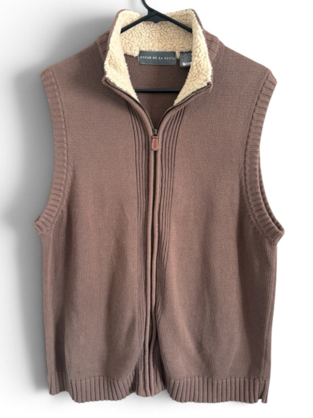Oscar de la Renta Brown Zip-Up Knit Sweater Vest Cream Sherpa Collar Men's L